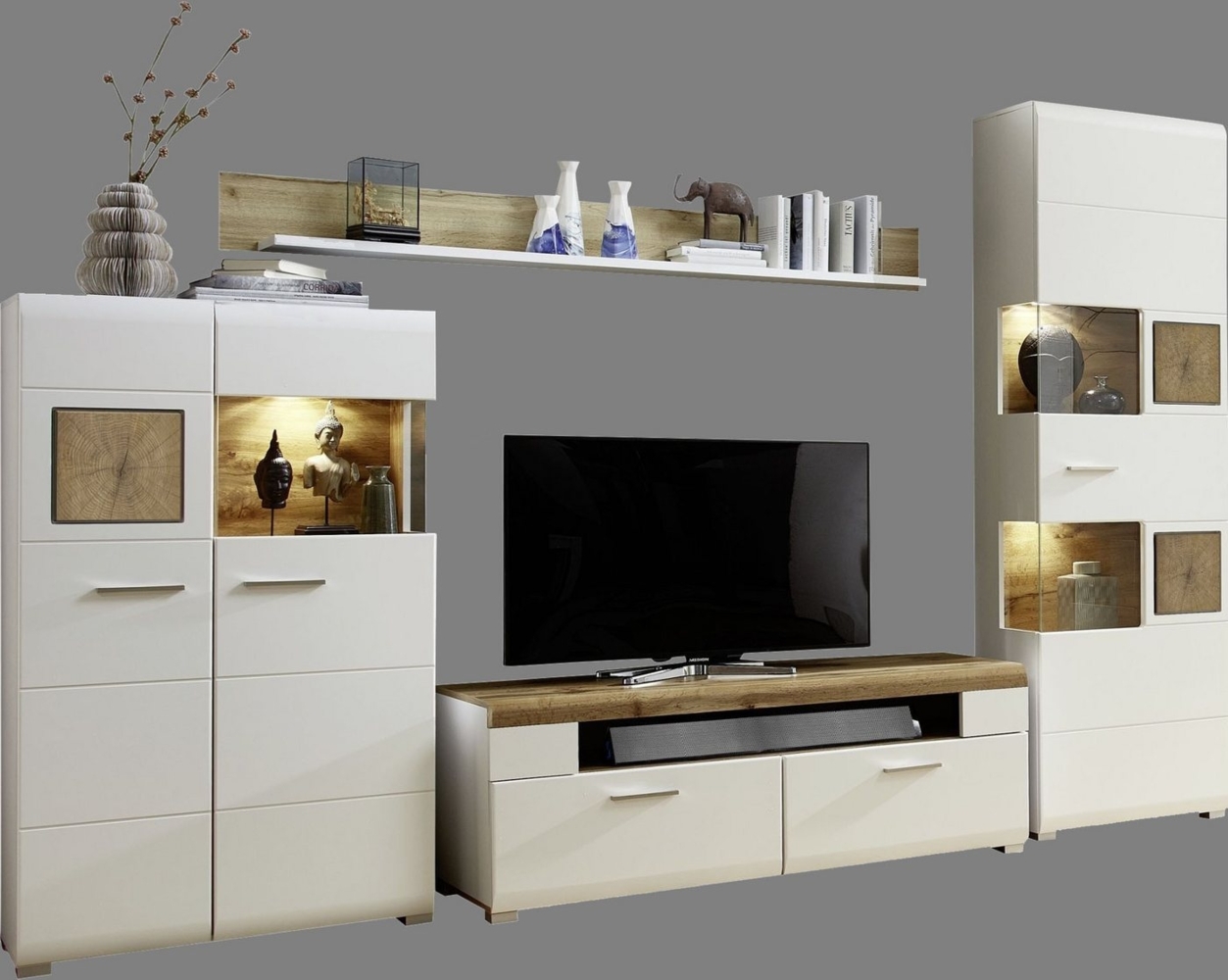 Wohnwand Schrankwand Anbauwand Wohnzimmer-Set 2 FUN PLUS weiß Holz Licht Bild 1