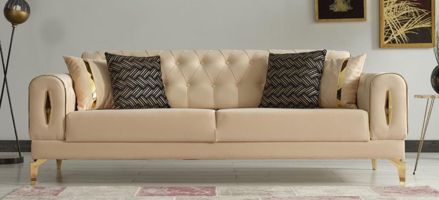 Casa Padrino Luxus Schlafsofa Beige / Gold 225 x 95 x H. 83 cm - Wohnzimmer Sofa mit 4 Kissen - Luxus Wohnzimmer Möbel Bild 1