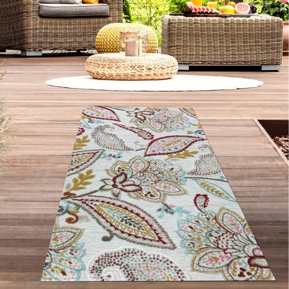 Carpetia Outdoorteppich Teppich Outdoor Wohnzimmer Blumen Muster 3d-effekt creme grau bunt, rechteckig Bild 1