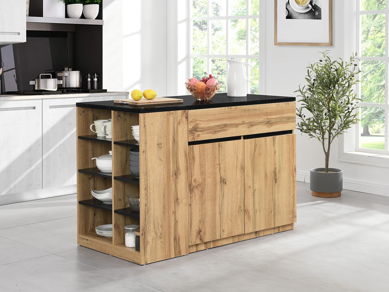 Vente-unique - Kücheninsel mit Stauraum - Schwarz & Naturfarben - MEILI Bild 1