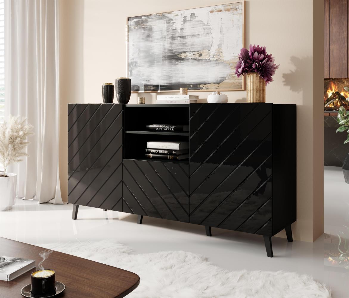 Domando Sideboard Friuli Modern Breite 150cm, modern gefräste Fronten in Schwarz Matt und Schwarz Hochglanz Bild 1