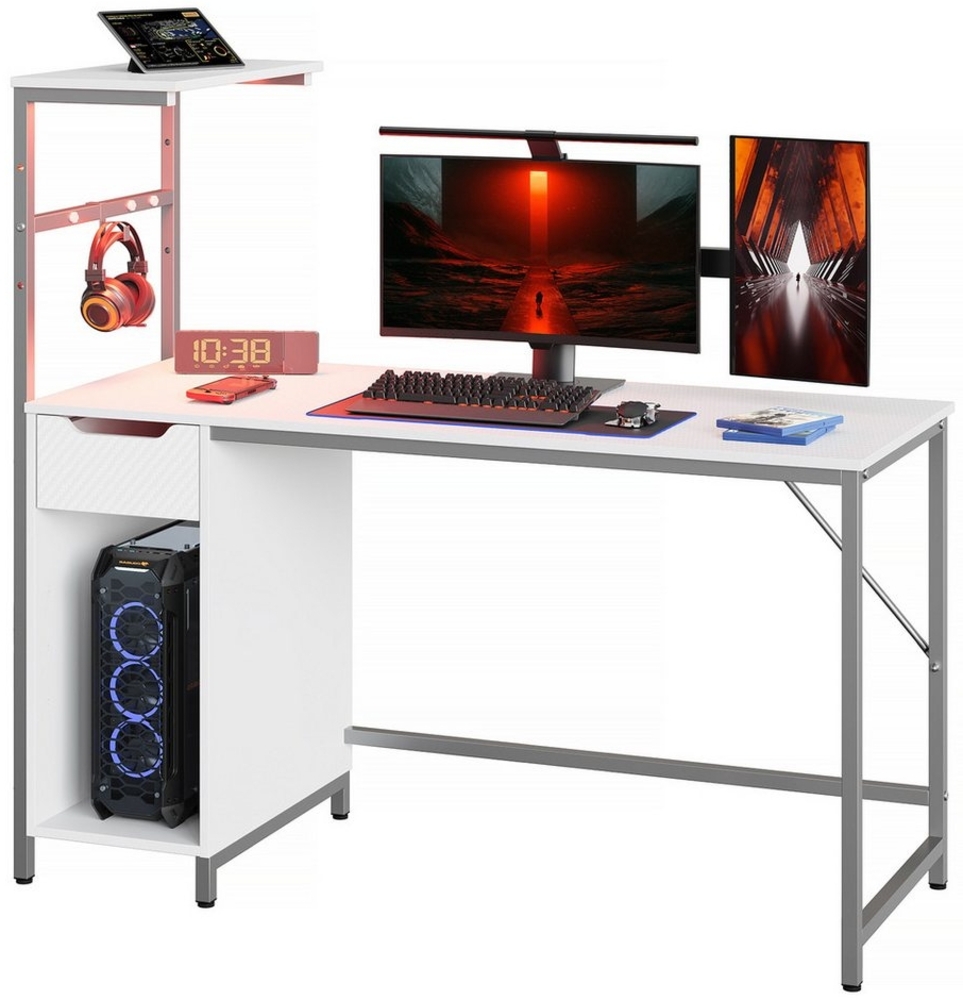 Bestier Computertisch Gaming Tisch mit Schublade, 122 cm Computertisch mit LED & Regalen (verstellbaren Ablagefächern und Kopfhörerhaken, 1 Tisch), für Schlafzimmer und kleine Räume Bild 1