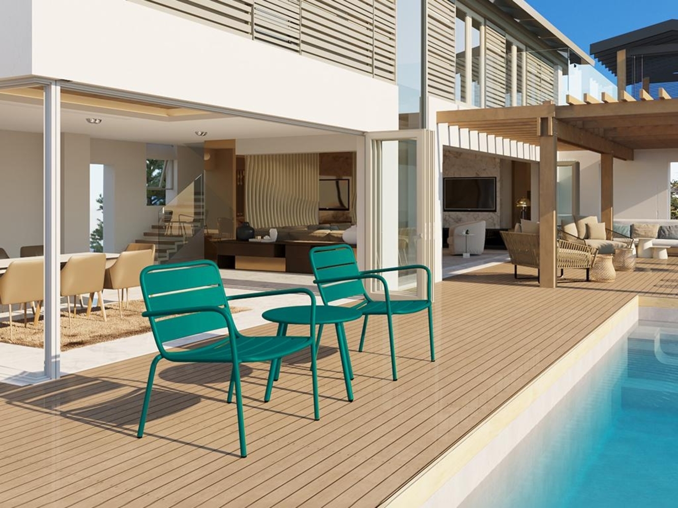 Vente-unique - Garten-Sitzgruppe: 2 niedrige, stapelbare Sessel + Beistelltisch rund - Metall - Blau - MIRMANDE von MYLIA Bild 1