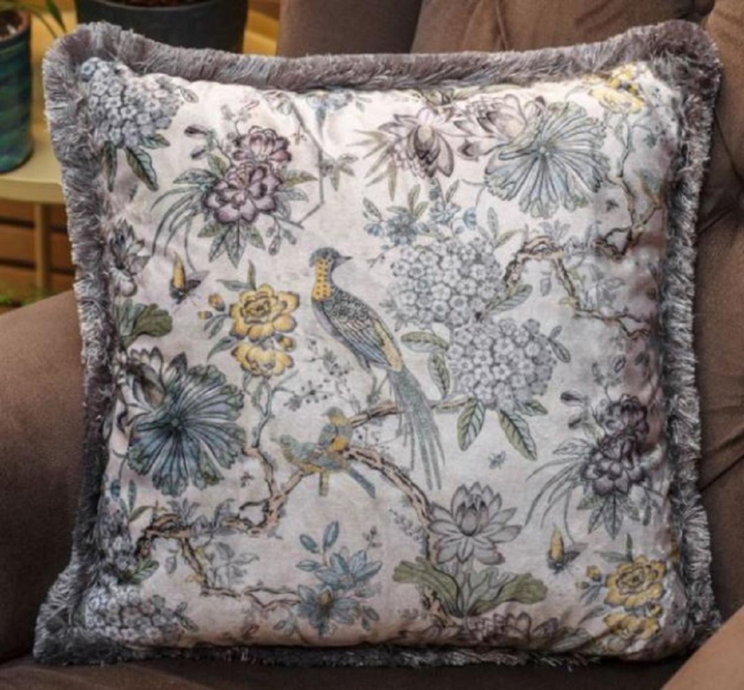 Casa Padrino Luxus Deko Kissen Blumen & Vögel Hellbeige / Mehrfarbig 45 x 45 cm - Bedrucktes Samt Kissen mit Fransen - Luxus Kollektion Bild 1