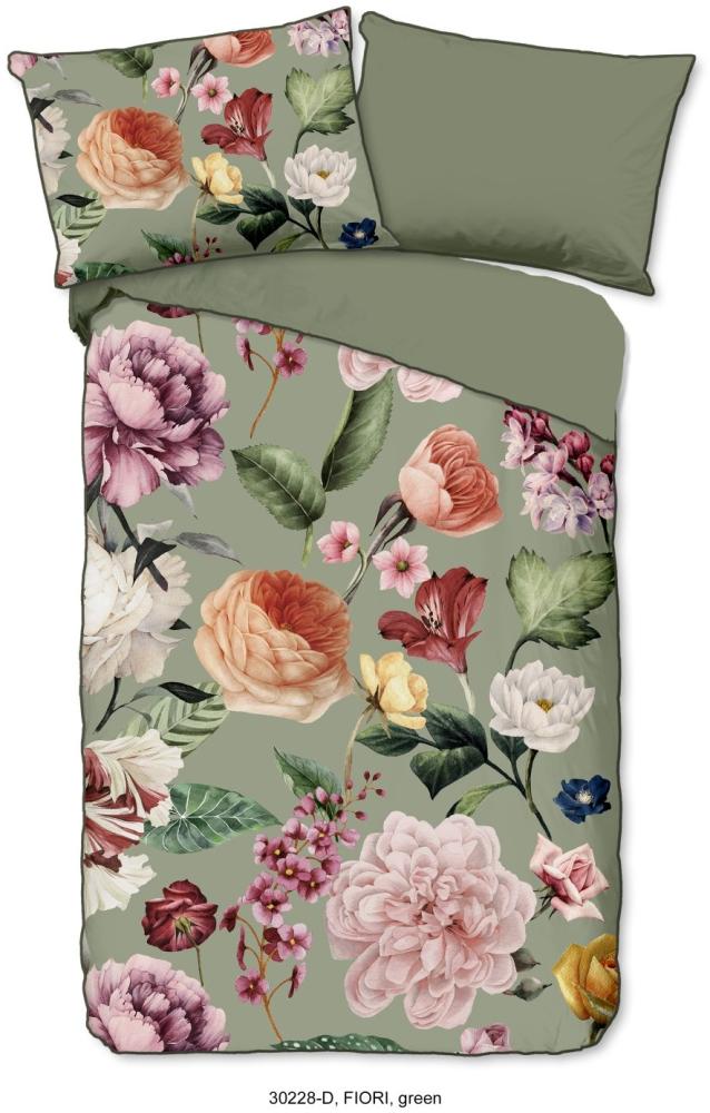 Descanso Mako Satin Bettwäsche 2 teilig Bettbezug 155 x 220 cm Kissenbezug 80 x 80 cm Fiori Green Bild 1