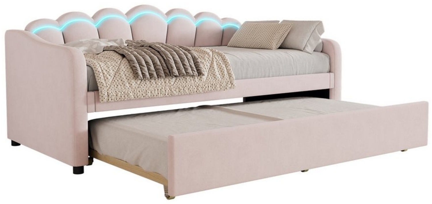 MODFU Polsterbett Daybett Tagesbett mit ausziehbarem Kinderbett,Schlafsofa (Samt, farbwechselndes Umgebungslicht,minimalistisches Styling, Einzelbett 90x200 cm), ohne Matratze Bild 1