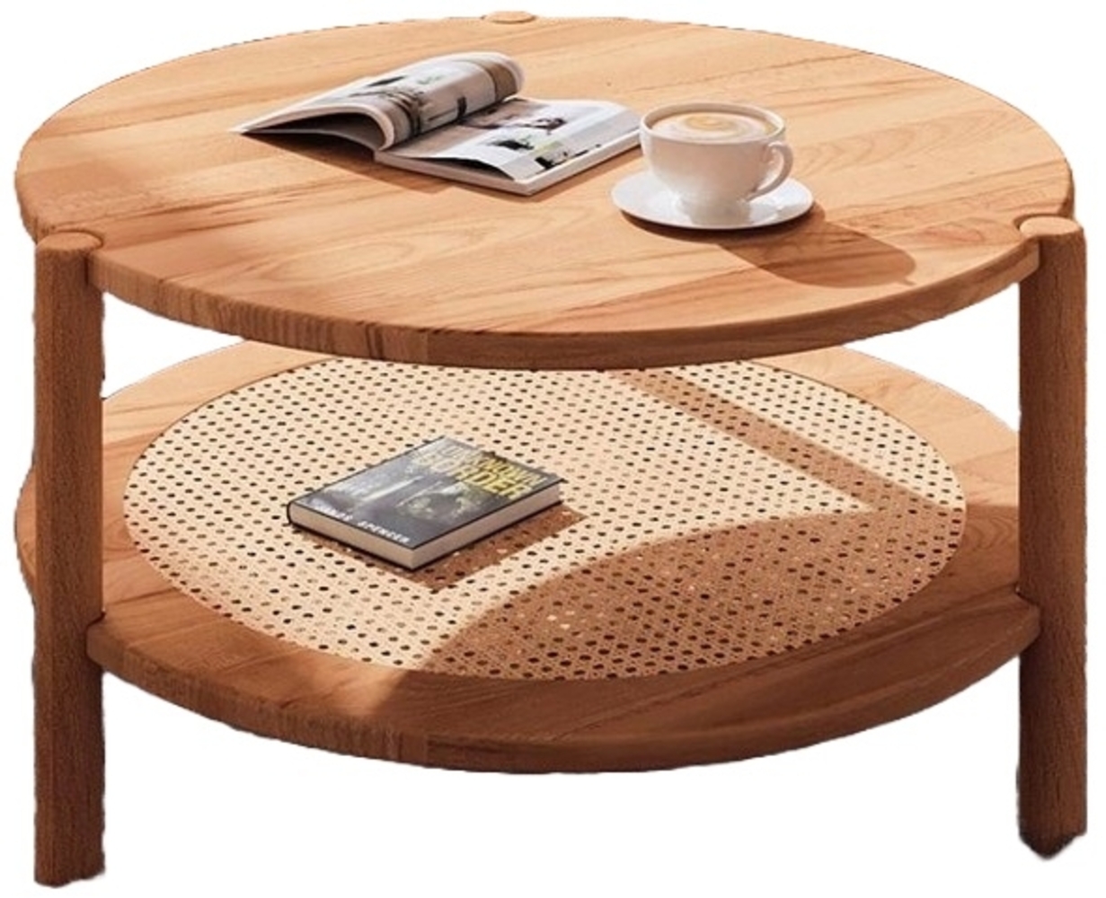 Couchtisch Zola rund aus Kernbuche massiv und Rattan Durchmesser 80 cm Bild 1