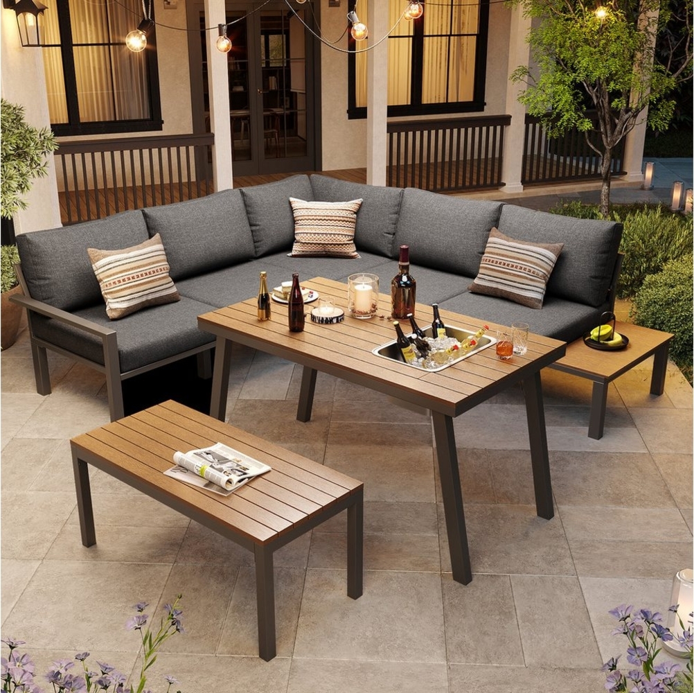 HAUSS SPOLE Gartenlounge-Set 2 Sofas, 1 Tisch mit Eiskübel, 1 Bank, Essgruppe für Garten, Grau, (wetterfeste Sitzgruppe, Essgruppe, modernes Gartenmöbel-Set, 5-tlg, 2 Doppelsofa, 1 Ecksitz, 1 Tisch, kissen), Tischplatte mit Eiskübel, Gestell aus verzin... Bild 1