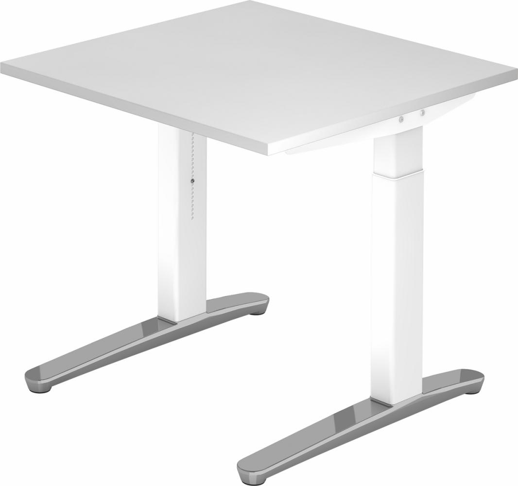 bümö® Design Schreibtisch XB-Serie höhenverstellbar, Tischplatte 80 x 80 cm in weiß, Gestell in weiß/alu poliert Bild 1