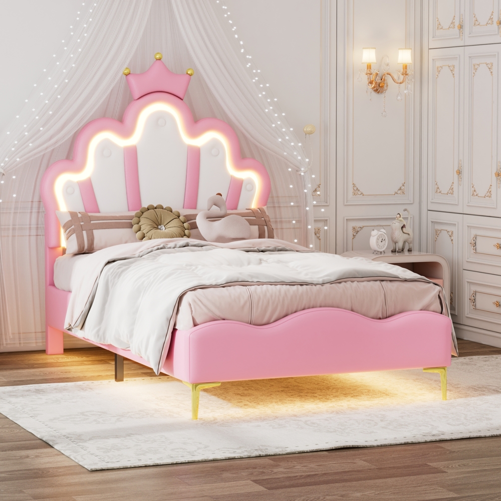 Prinzessinnenbett 90x200 cm, Kinderbett mit LED-Beleuchtung, gepolstertes Bett aus Kunstleder in Rosa,wolkenförmiges Kopfteil mit Krone Bild 1