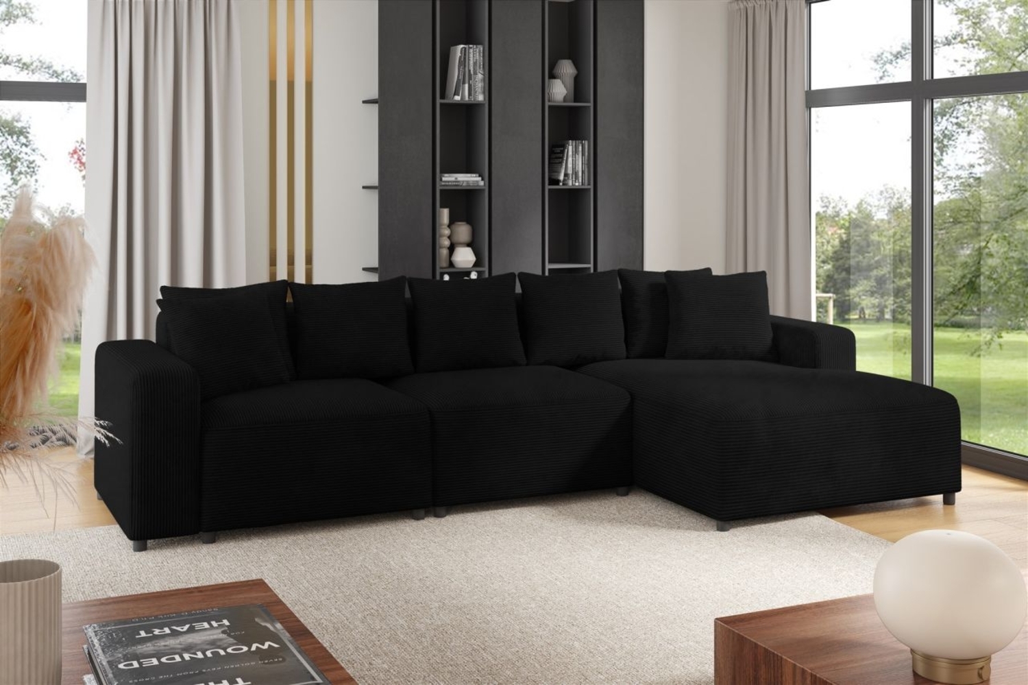 Ecksofa Designersofa Sofa MEGAN in Stoff Poso Schwarz Ottomane Rechts Bild 1