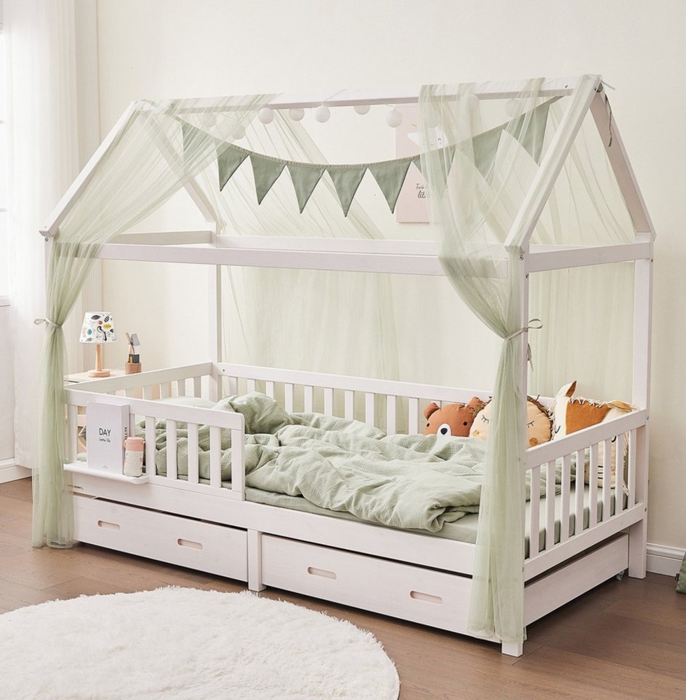 Alavya Home® Hausbett BUCHE CLOUD I KOMPLETT SET mit 2 Schubkästen (Kinderbett 80x160 cm mit Schublade inkl. Deko Khaki und Matratze I Hausbett 80x160), Aus massivem Buchenholz Bild 1