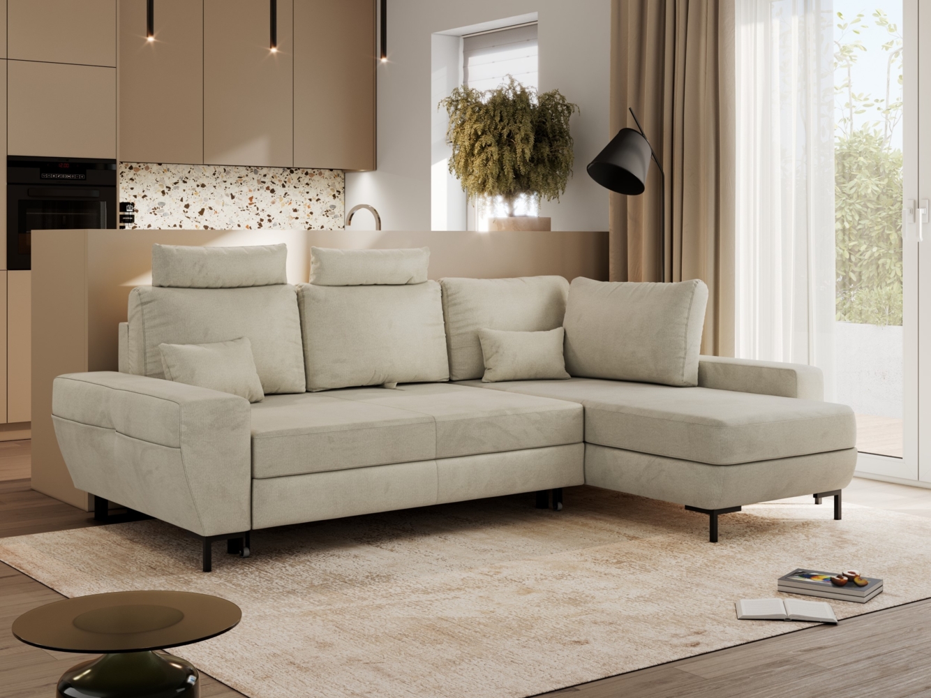 Ecksofa mit Schlaffunktion und Bettkasten für das Wohnzimmer, auf schwarzen Metallbeinen, mit losen Kissen - FLAVIA - Beige Velours - rechte Seite Bild 1