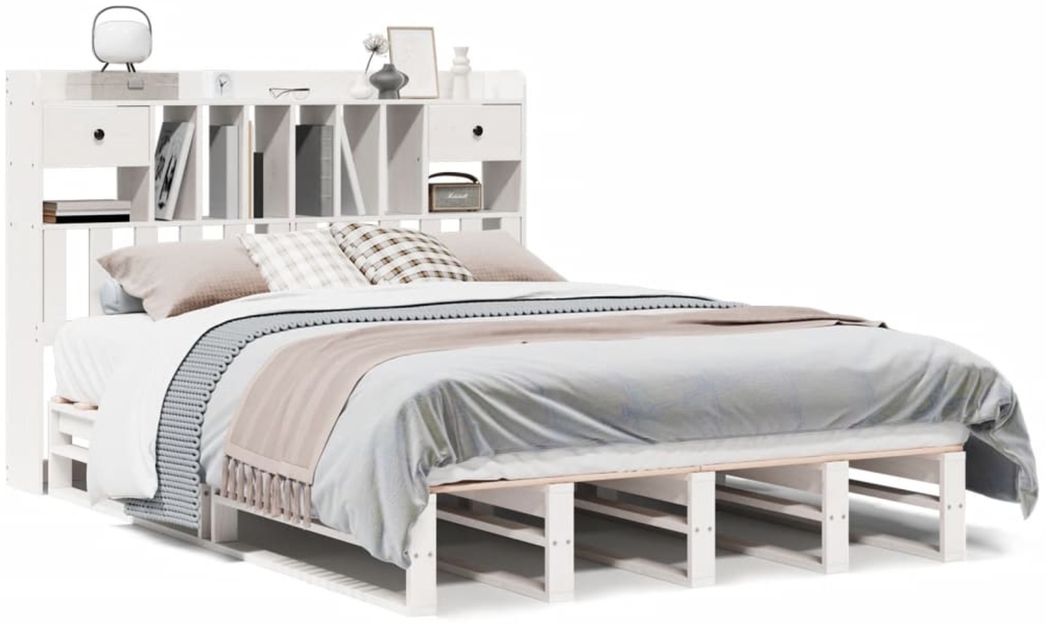 vidaXL Massivholzbett mit Regal ohne Matratze Weiß 150x200 cm Kiefer 3323963 Bild 1