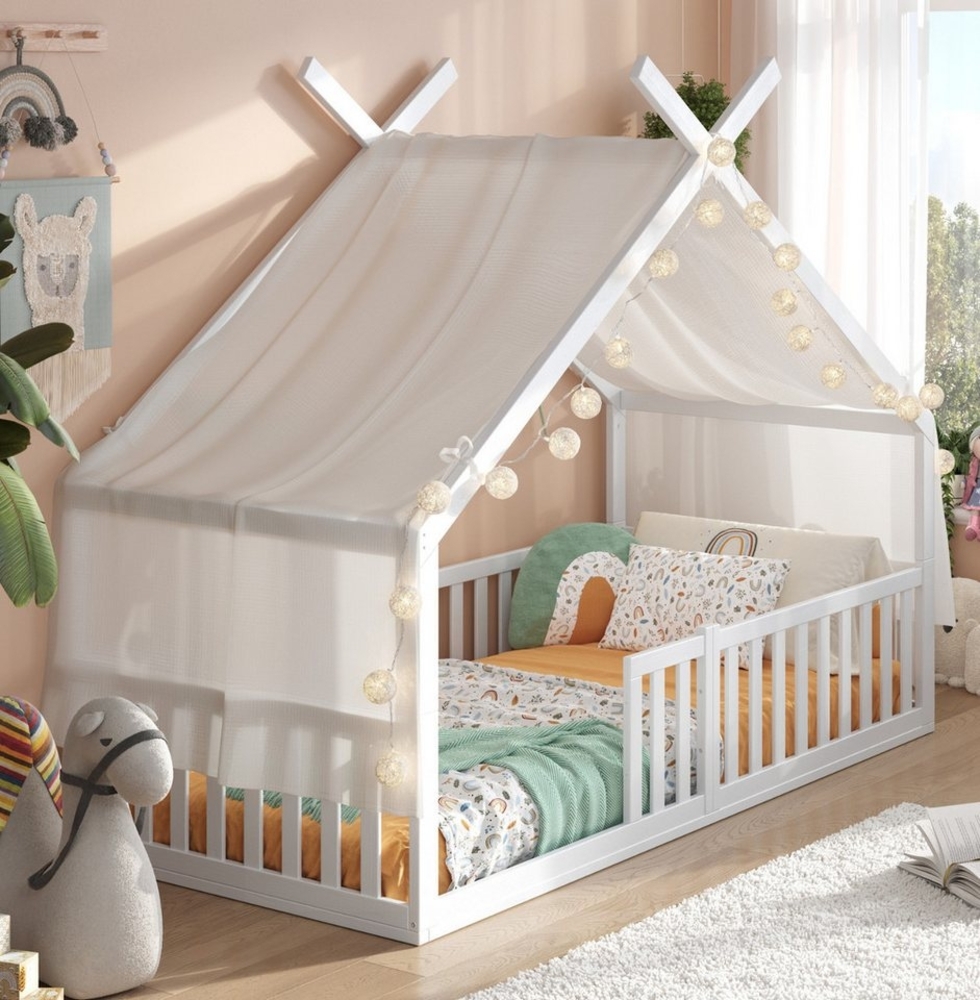 Alavya Home® Hausbett Bodenbett DREAM SET mit Deko optional Matratze I FSC zertifiziert (Hausbett 90x200 cm SET mit Matratze und Decoration Weiß, Rausfallschutz & Lattenrost Kinderbett 90x200), bodentiefes Jugendbett weiß massiv BUCHE für Junge Mädchen Bild 1