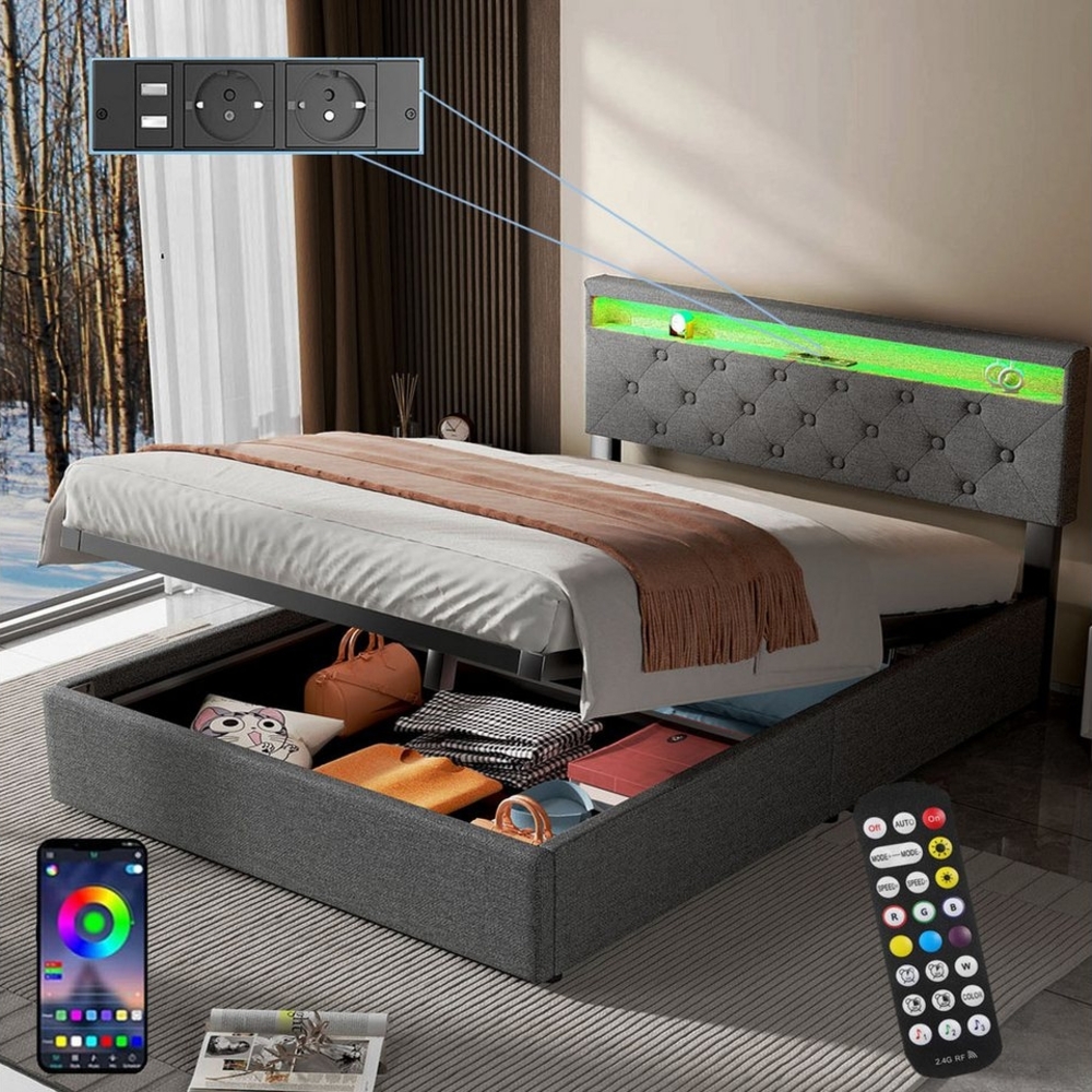 oyajia Polsterbett RGB LED Doppelbett 140x200 cm, anhebbarer Polsterbett Stauraumbett, Polsterbett mit Stauraum, Modernes Design mit Ladeanschlüssen Bild 1