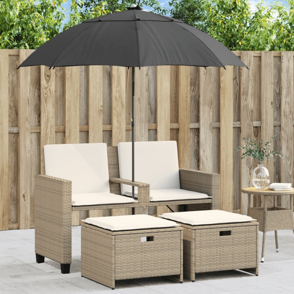 vidaXL Gartensofa 2-Sitzer Sonnenschirm und Hocker Beige Poly-Rattan 365886 Bild 1