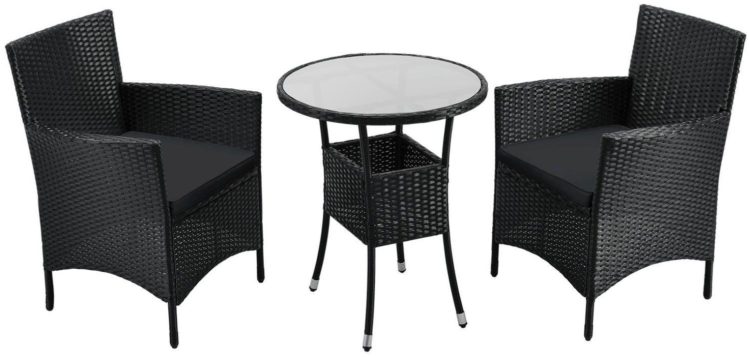 Juskys Polyrattan Balkon Set Bayamo 2 Personen – Tisch mit Glasplatte & 2 Stühlen – Wetterfeste Balkonmöbel – Auflagen waschbar – schwarz – grau Bild 1