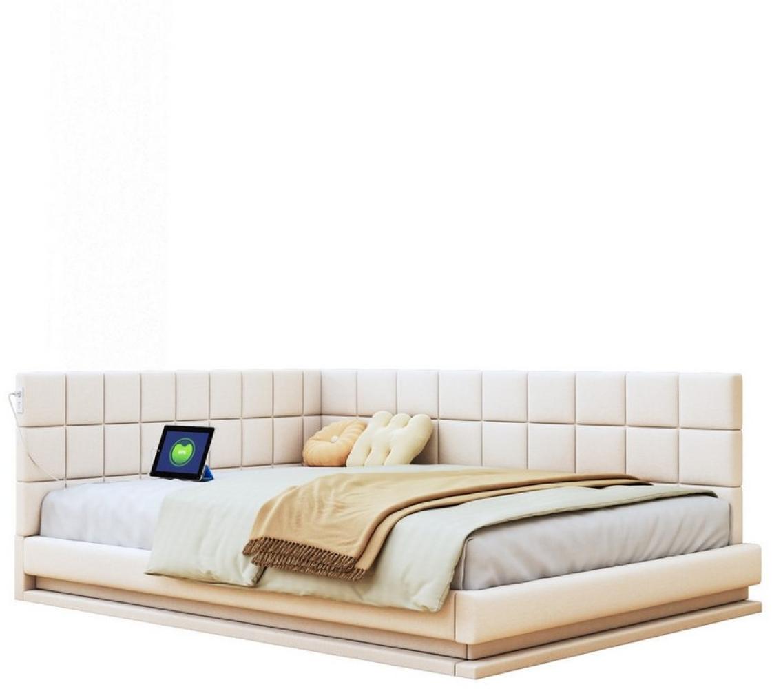 HAUSS SPLOE Schlafsofa 140x200cm mit LED Lichtleiste, USB Steckdose, Lattenrost, Samt beige, Multifunktionsbett mit LED-Lichtleiste, USB-Steckdose und Lattenrost aus hautsympathischem Samtstoff - ideal für Wohnzimmer und Gästezimmer, Ohne Matratze Bild 1