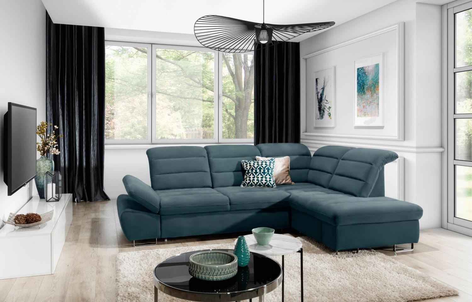 Stylefy Romillé Ecksofa Strukturstoff Türkis Rechts Bild 1