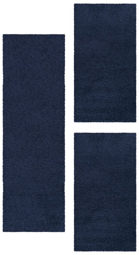 Teppium Teppich Unicolor - Einfarbig, Rechteckig, Höhe: 30 mm, Schlafzimmer Teppich Bettumrandung Läufer Set 3 teilig Marineblau Bild 1