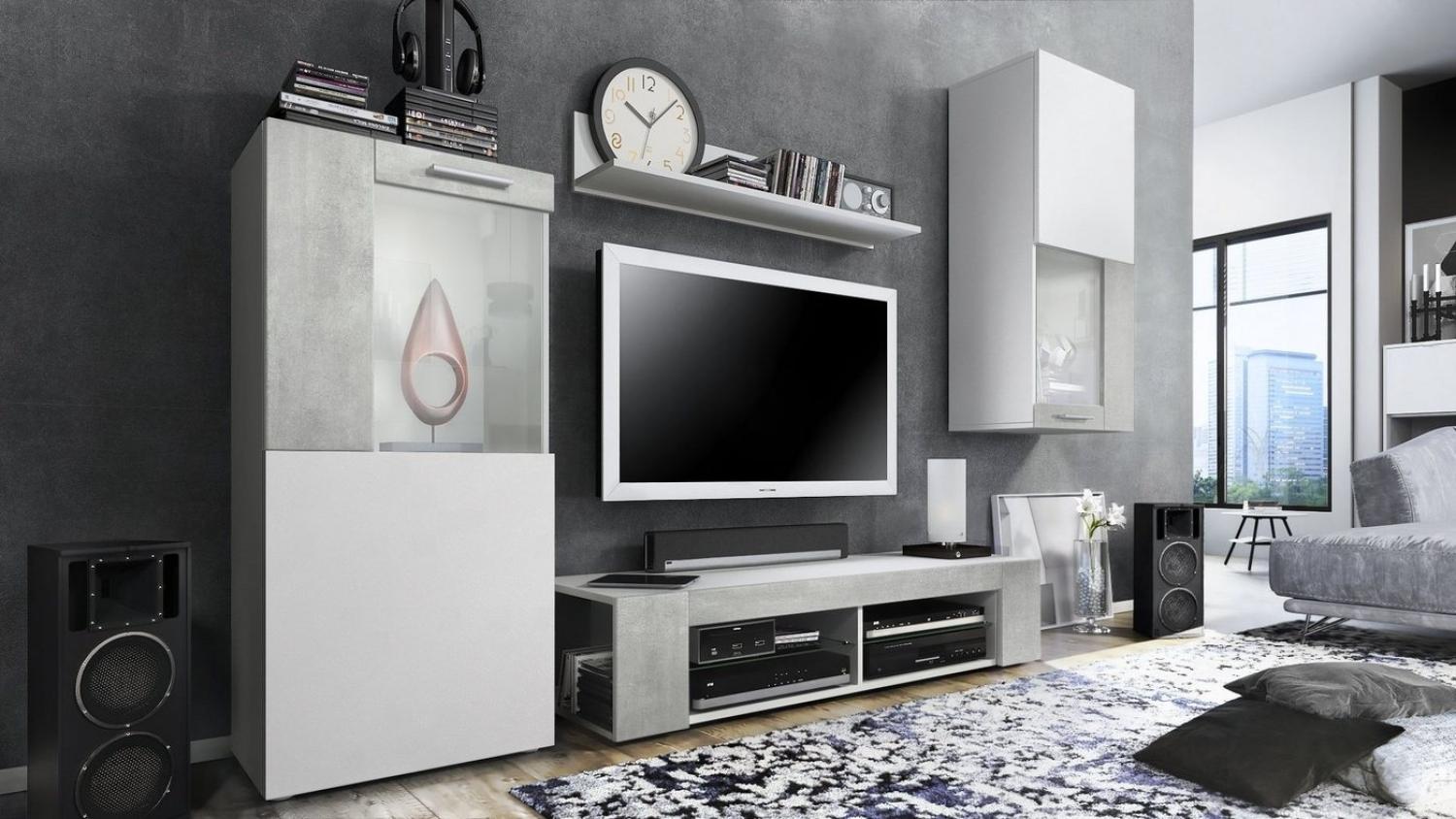 Vladon Wohnwand Movie, Anbauwand bestehend aus 1 TV-Board, 2 Vitrinen und 1 Regal, Weiß matt/Weiß matt/Beton Oxid-Optik (Gesamt: 300 x 190 x 39 cm) Bild 1