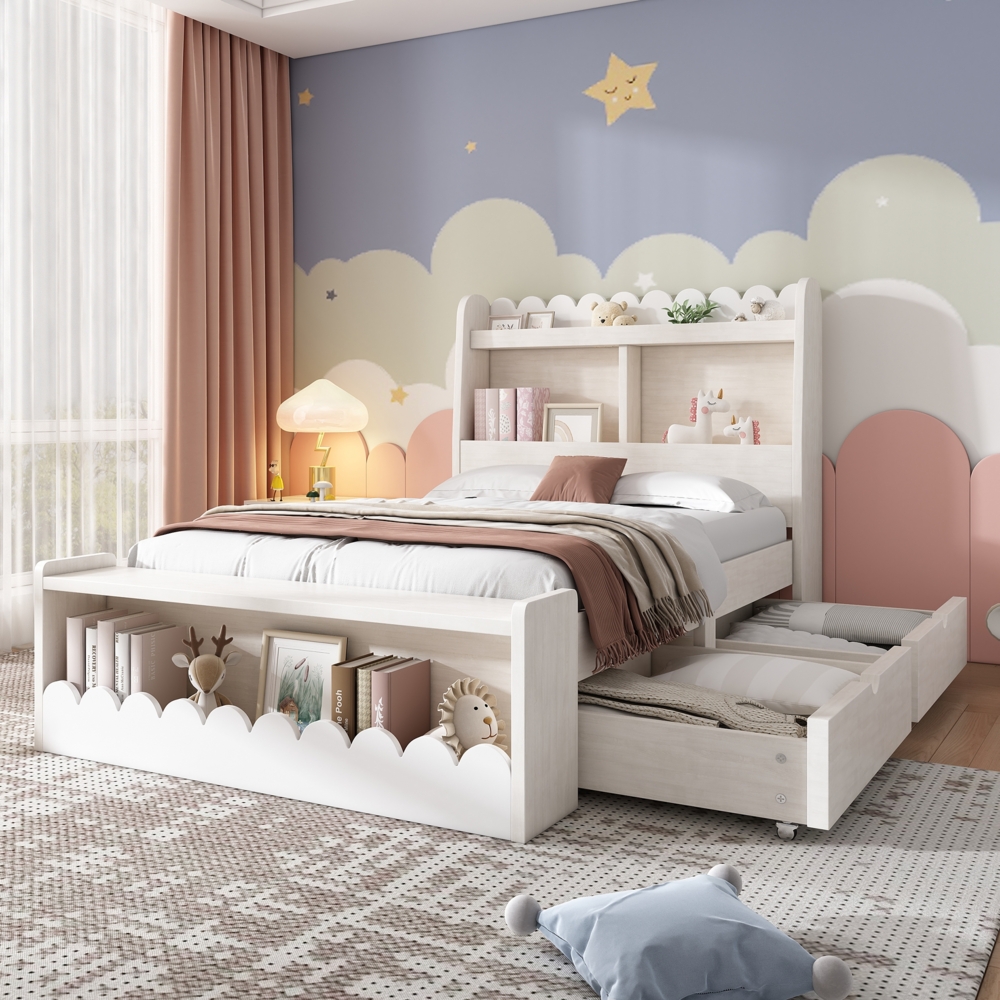 Kinderbett / Einzelbett Stauraumbett 230×98×100 cm (L×B×H) – Massivholz & MDF mit Lattenrost, Liegefläche 90×190 cm, Weiß + Light Oak Bild 1