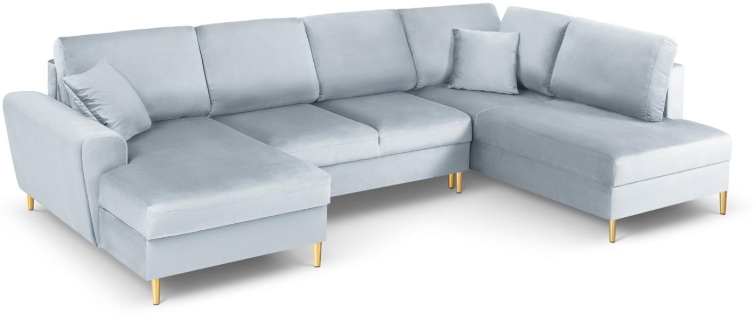 Micadoni 7-Sitzer Samtstoff Panorama Sofa Rechts mit Box und Schlaffunktion Moghan | Bezug Light Blue | Beinfarbe Gold M... Bild 1