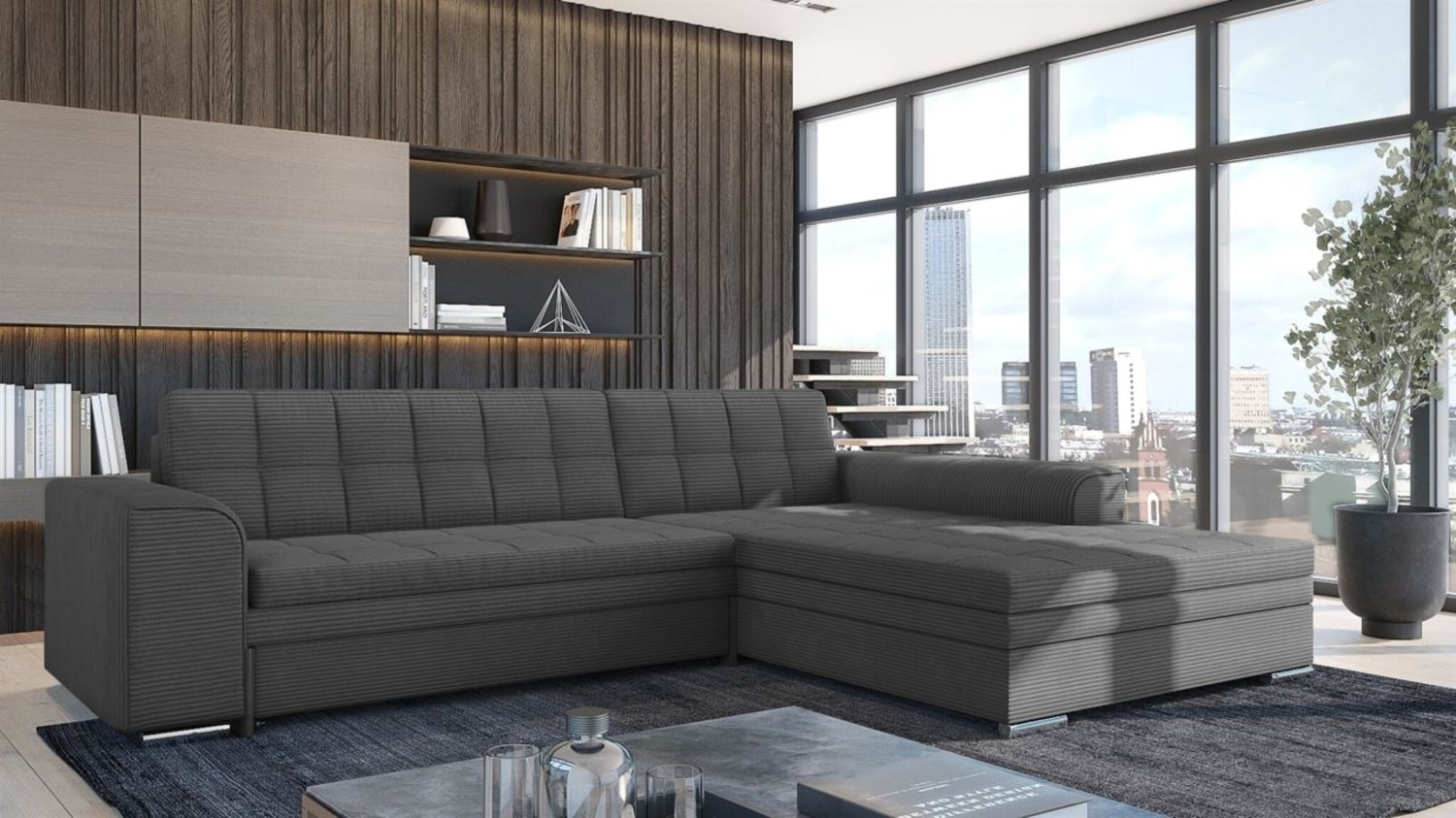 Ecksofa Schlafsofa Sofa LUSAKA in Stoff Lincoln Grafit Ottomane Rechts Bild 1