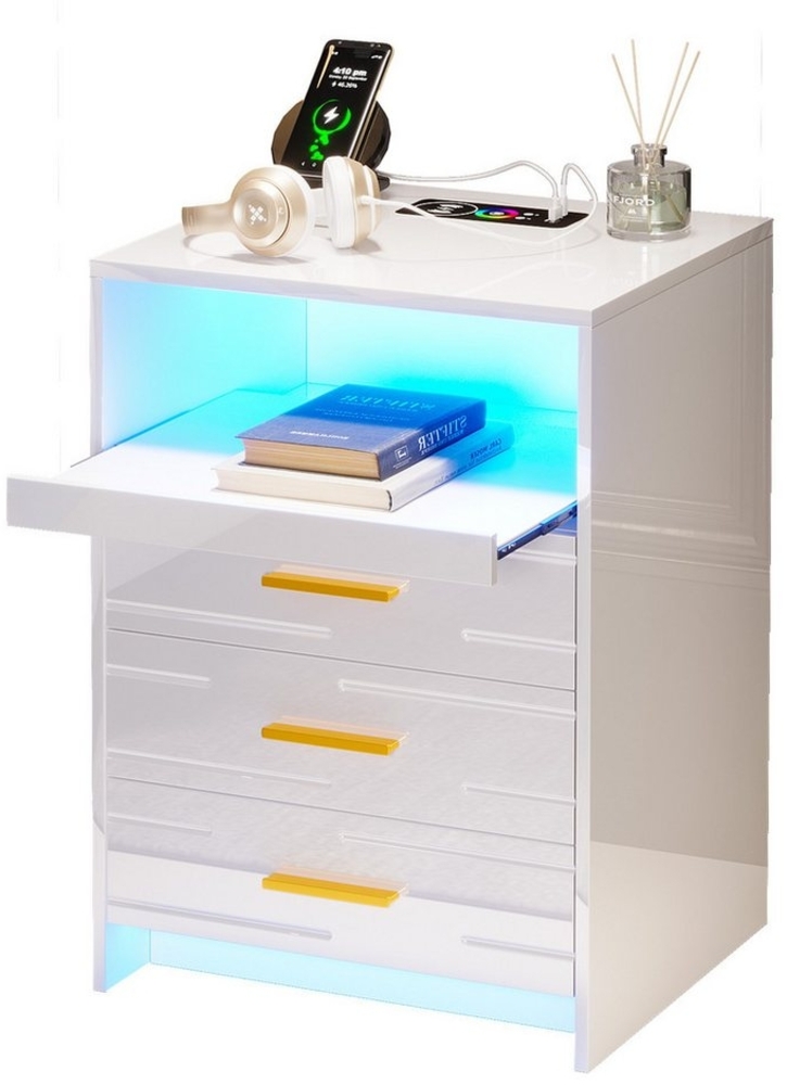 LVifur Nachttisch Smart LED Nachtschrank mit Drahtlose Ladefunktion, 40 x 45 x 60 cm, mit 3 Schubladen, Hochglanzdesign, USB/Type-C-Ladefunktion Bild 1