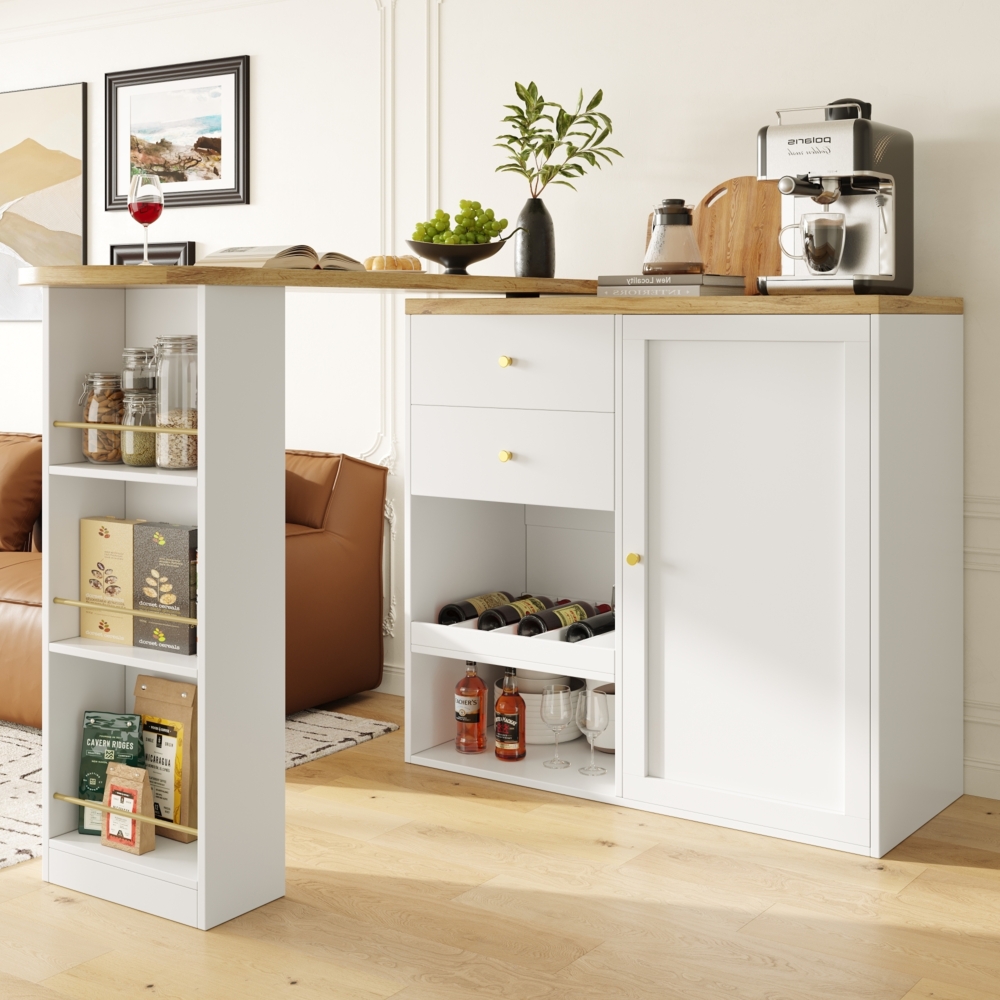 Merax 360° drehbarer Bartisch (Hauptkörper 105 x 39 x 102 cm), mit 2 Schubladen und Schiebetürschrank, 3 Ebenen offener Stauraum, weiß Bild 1