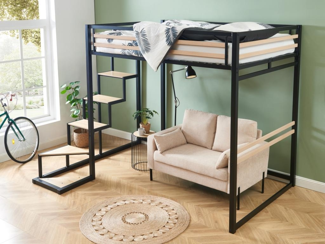 Vente-unique - Hochbett mit Matratze - 140 x 200 cm - Metall & MDF - Naturfarben & Schwarz - JOGUI Bild 1