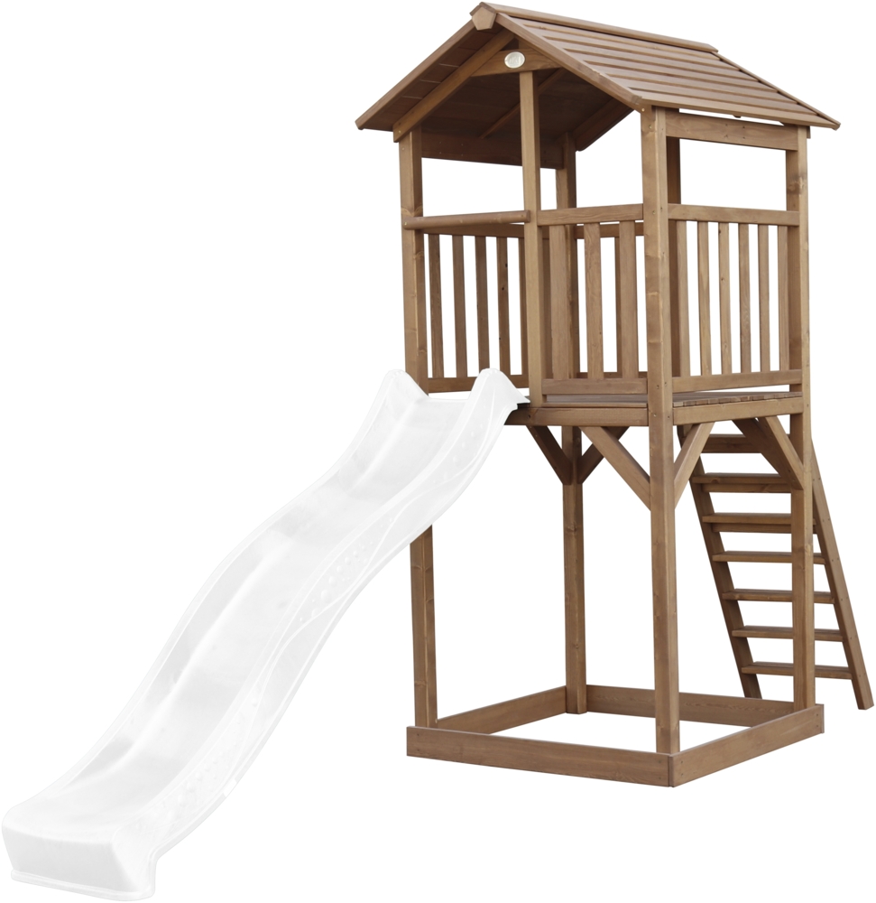 AXI Beach Tower Spielturm aus Holz in Braun Spielhaus für Kinder mit weißer Rutsche und Sandkasten | Braun, weiß | Holz | 349 cm Bild 1