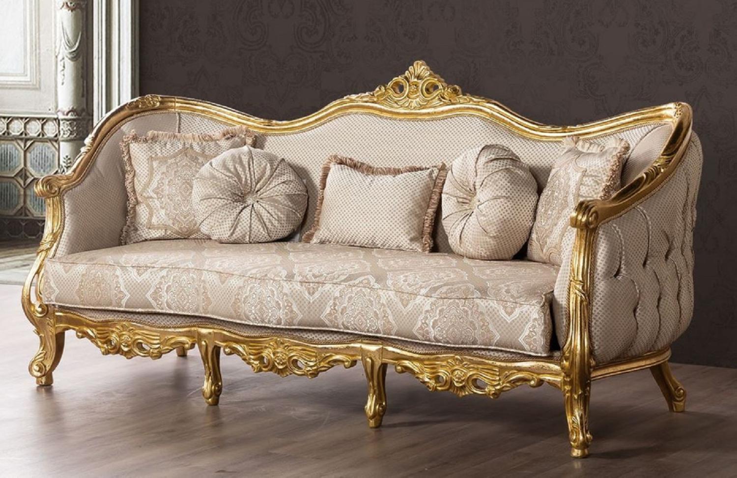 Casa Padrino Luxus Barock Sofa Beige / Gold - Prunkvolles Wohnzimmer Sofa mit Muster - Prunkvolle Barock Wohnzimmer Möbel Bild 1