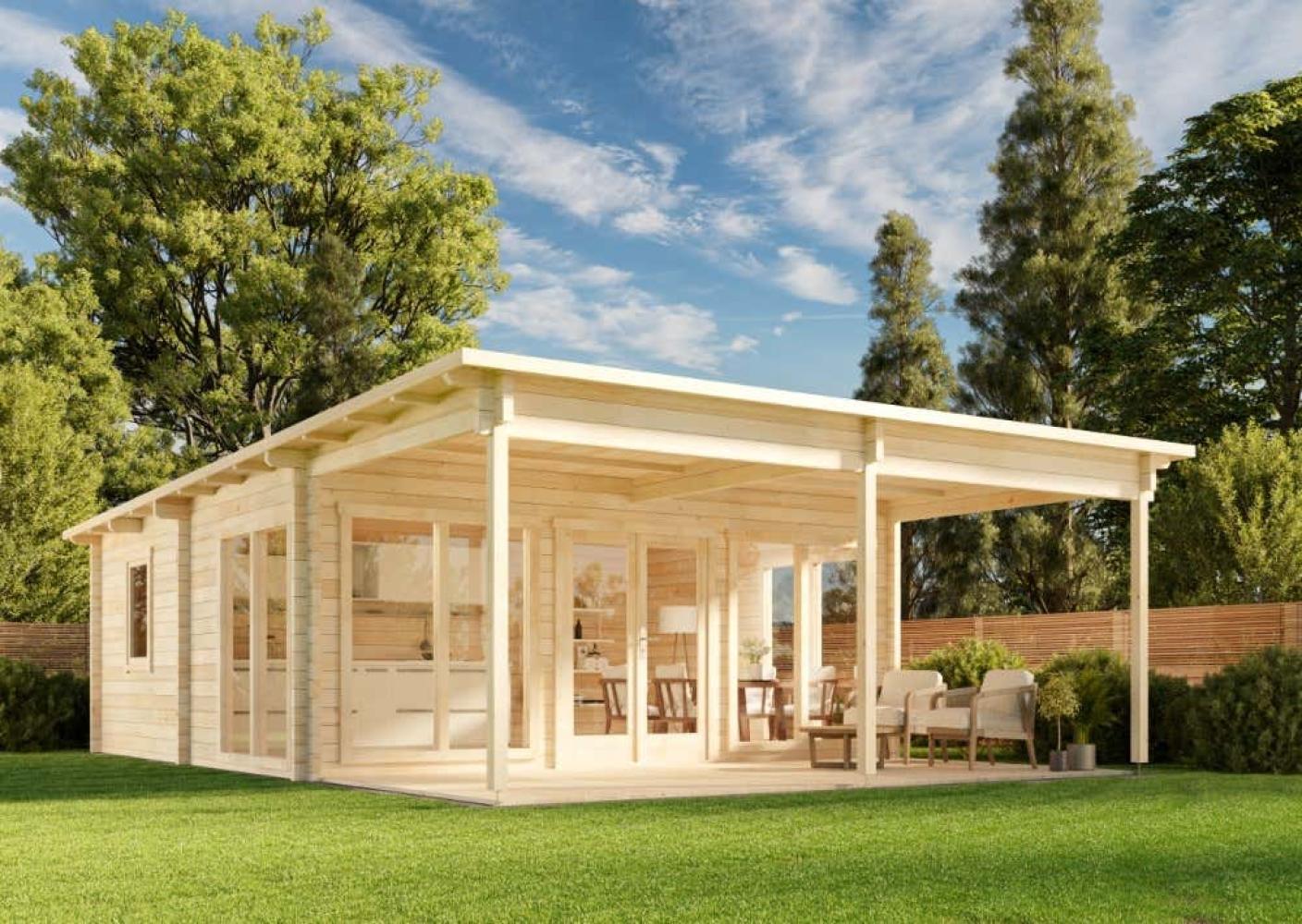 Alpholz Garten-und Freizeithaus Carroz-Modern 70 ISO Blockhaus aus Holz Holzhaus mit 70 mm Wandstärke inklusive Terrasse Blockbohlenhaus mit Montagematerial Bild 1