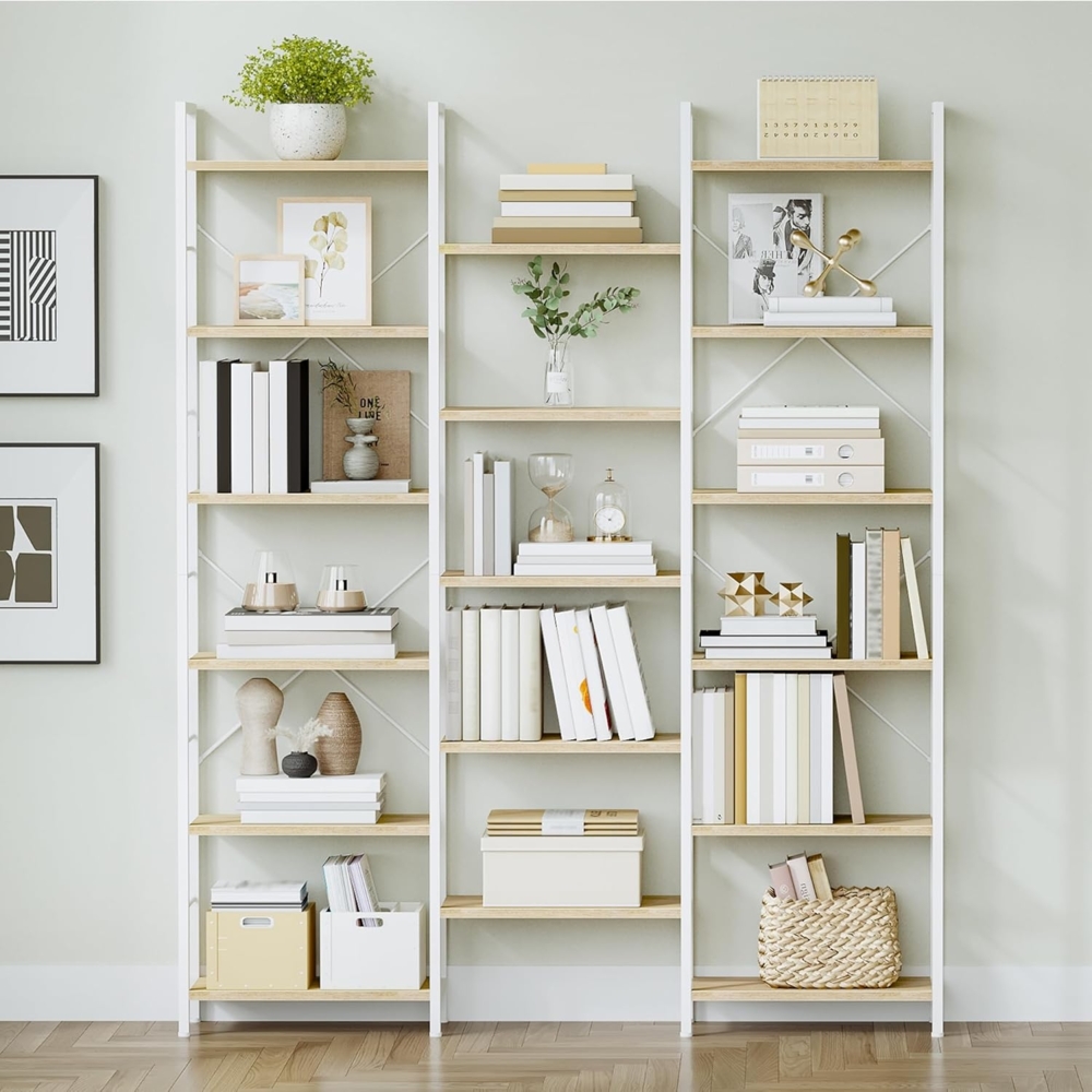 Bücherregale, Standregale, Regal mit 17 Fachböden, 6 Etagen, Verstellbarer Abstand, 24 x 152 x 186 cm, Tragfähigkeit 340 kg, Wohnzimmer, Büro, Weißeiche und Weiß Bild 1