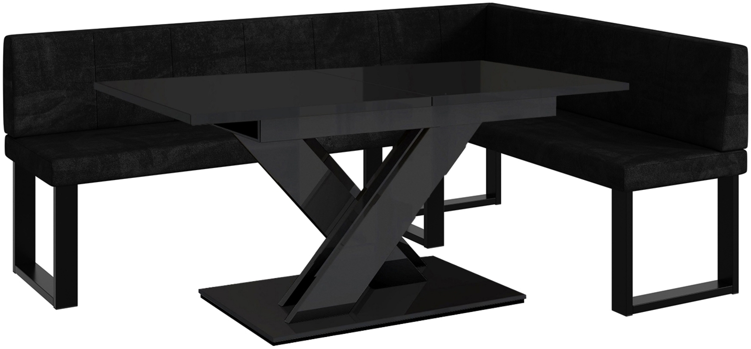 MEBLINI Eckbank für Esszimmer mit ausziehbarem Tisch - Küchenbank - Essecke - Sitzecke Küche - PETER - U-Beine 142 x 196 x 87 cm Rechts - Schwarz Samt/B Schwarz Hochgl. Bild 1