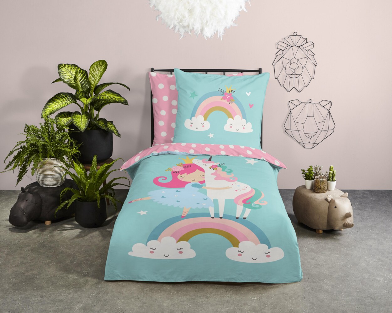 Soma Renforcé Pastell Bettwäsche-Set 2 teilig Bettbezug 2tlg 135x200cm Kopfkissenbezug 80x80cm (Einhorn Regenbogen blau rosa) Bild 1