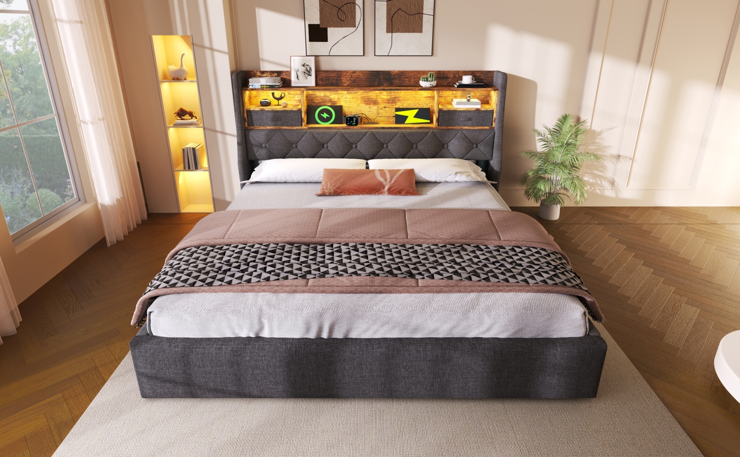Polsterbett 160x200 cm, hydraulischer Bettkasten, integriertes LED‑Kopfteil & USB/Type‑C Ladeanschlüsse, grauer Leinenbezug,Es gibt ein Matratzenlager. Bild 1