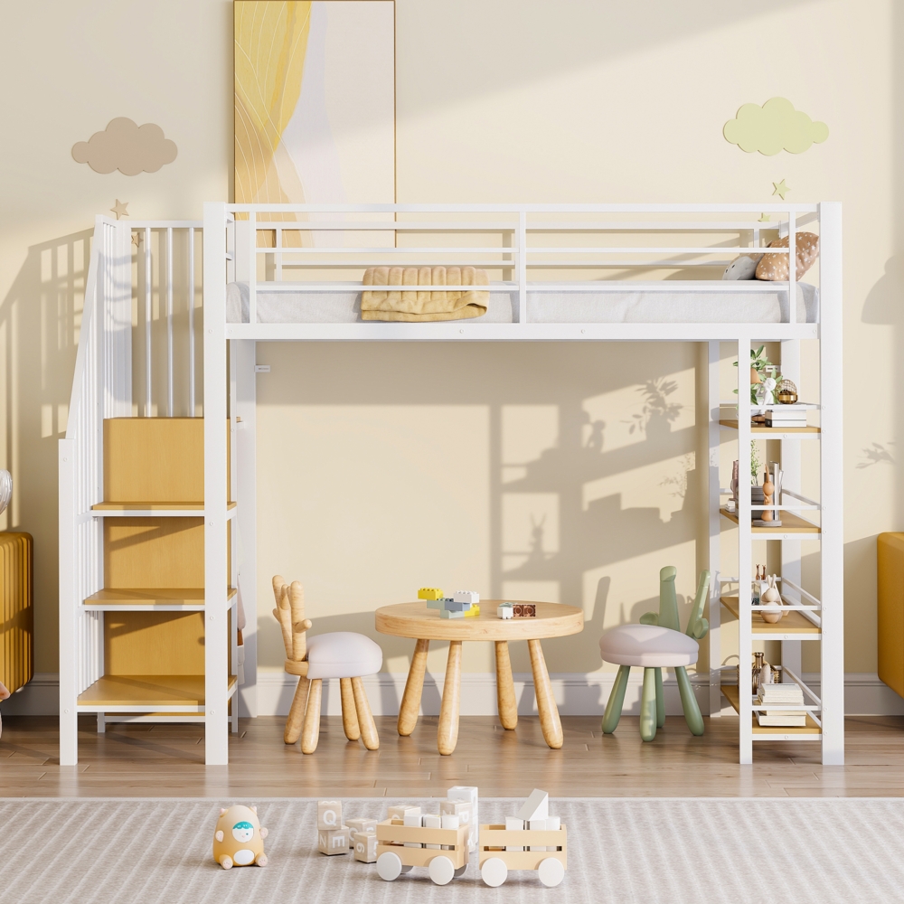 Bett 90x200 cm Hochbett mit Stauraum und kleinem Kleiderschrank – Metall, weißes Design Bild 1