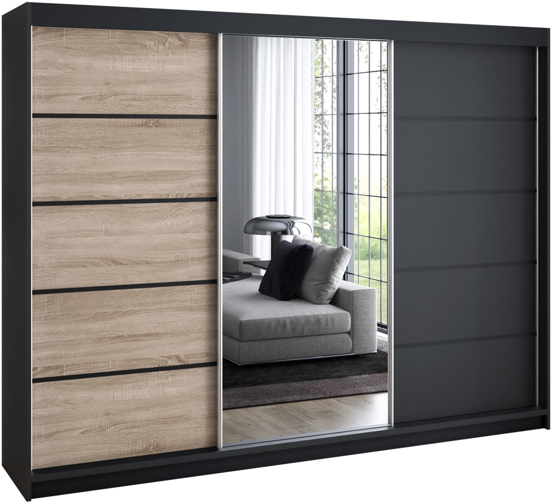 A&J MöbelLand 'Vilano' Schwebetürenschrank mit 4 Schubladen und Spiegel, Spanplatte, 215 x 59,5 x 200 cm, Natur / Schwarz / Schwarz Bild 1