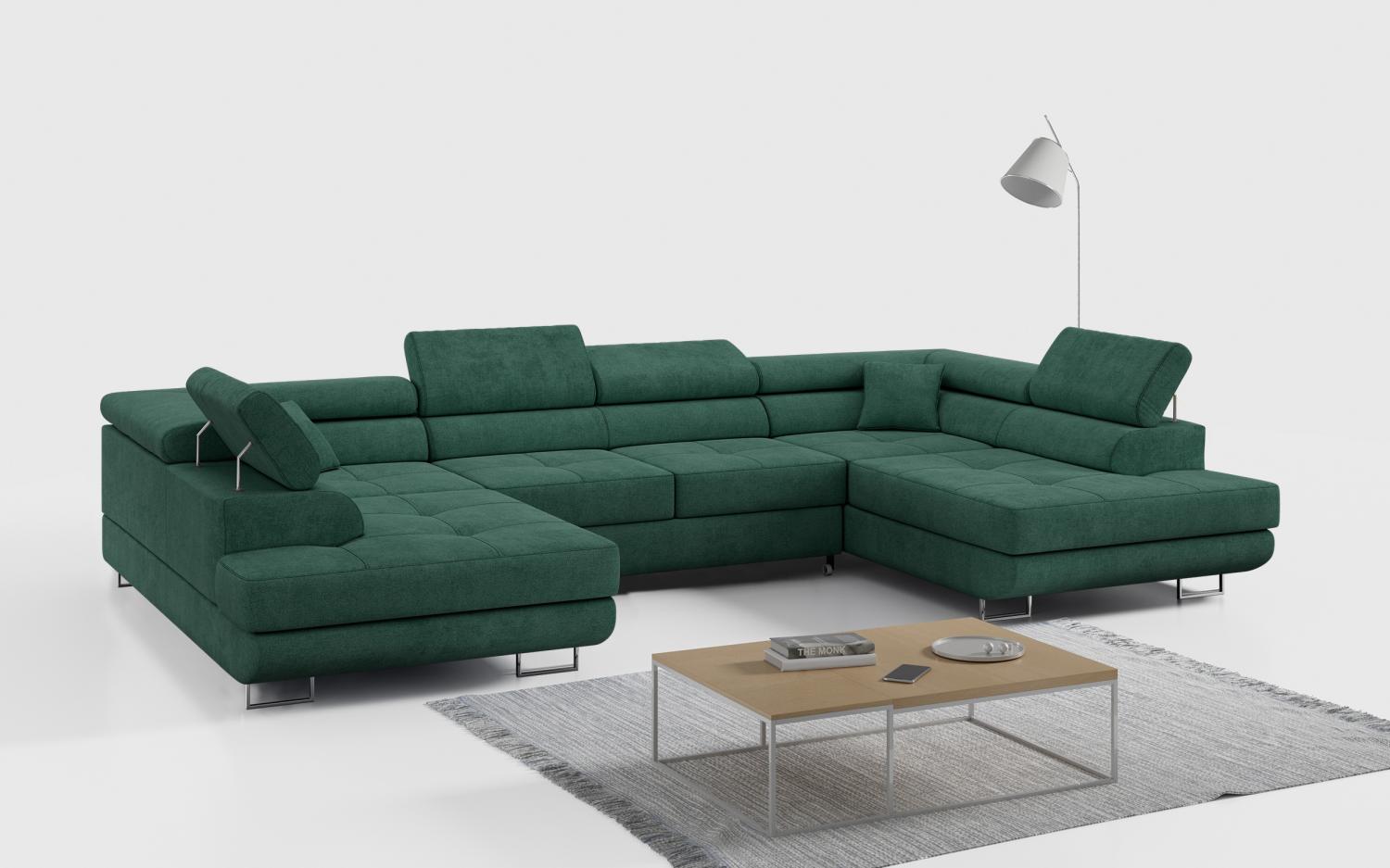 Ecksofa, Wohnzimmer U Couch, Polstersofa mit Bettkasten - GUSTAW-U - Grün Struktur Bild 1