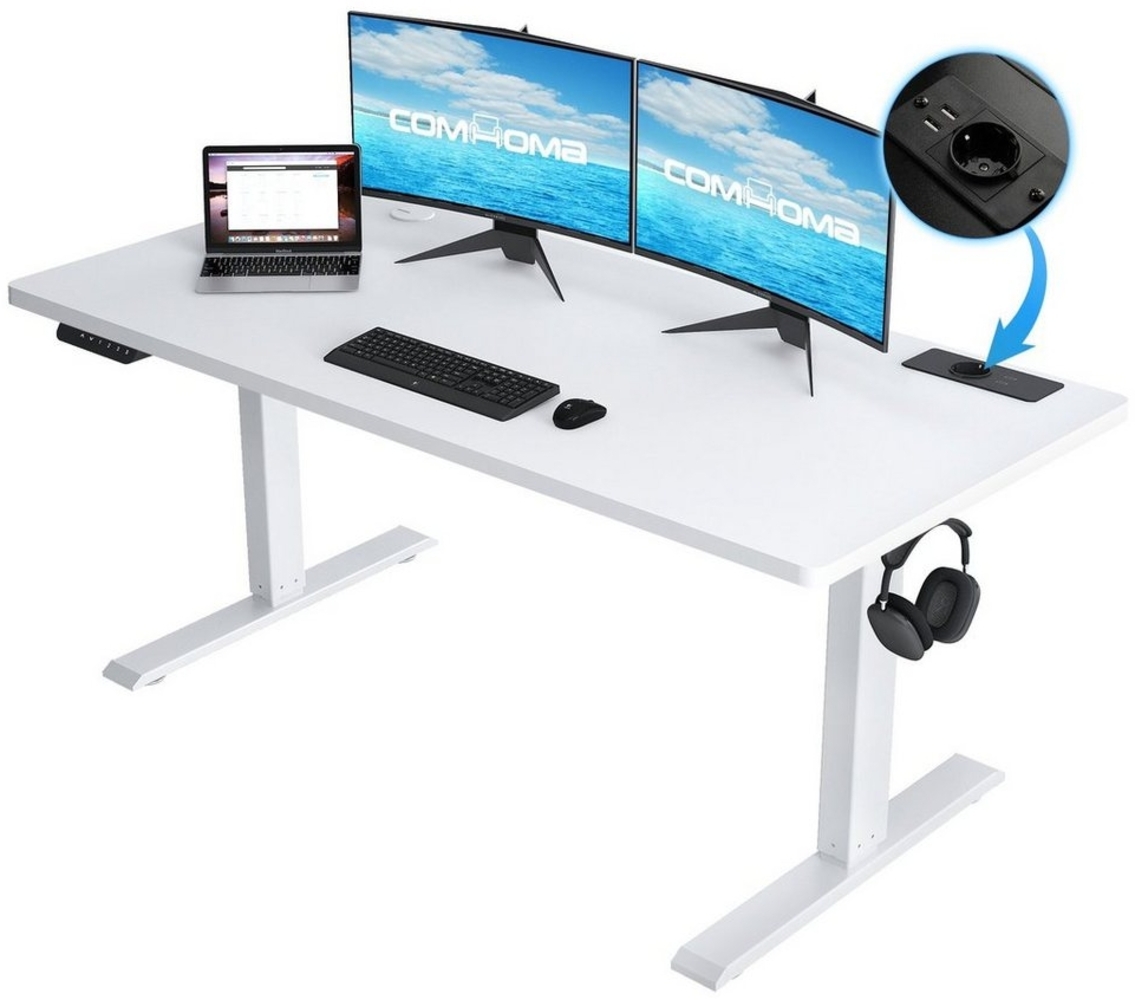 COMHOMA Schreibtisch Höhenverstellbarer Schreibtisch 140x60 cm mit USB-Buchse und Haken (1 Tisch), Verstellbarer Computertisch, Stehpult Stehschreibtisch Bild 1