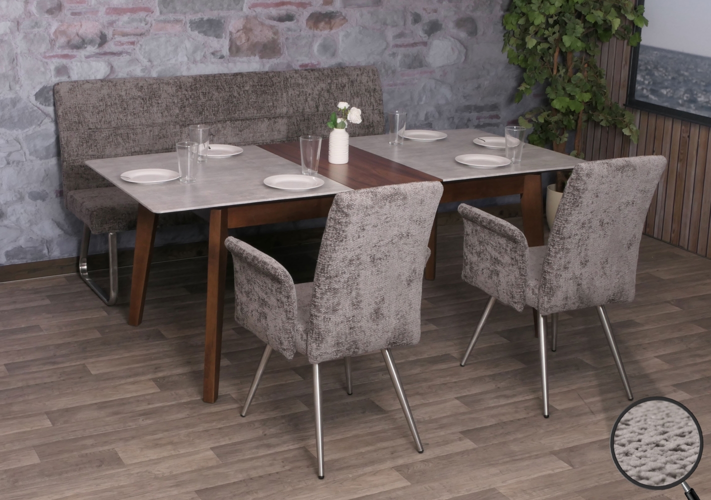 Esszimmer-Set HWC-G55, 2er-Set Stuhl mit Armlehne+Sitzbank 180cm, Edelstahl gebürstet Stoff/Textil Chenille ~ dunkelgrau Bild 1