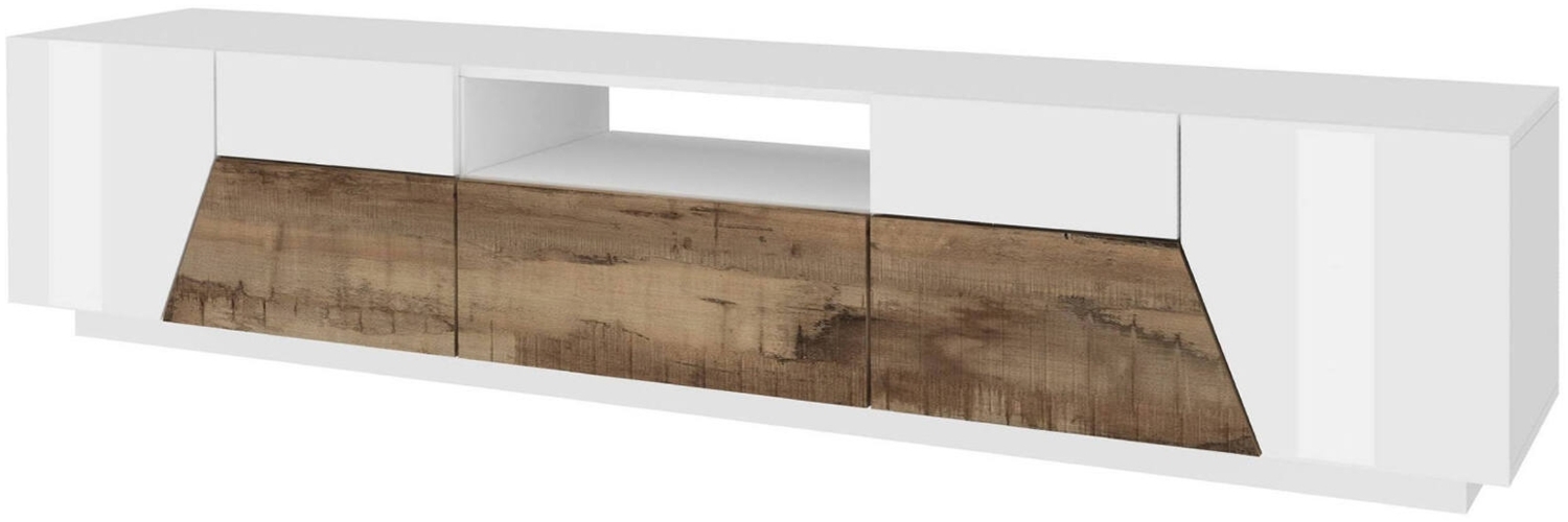 Dmora TV-Schrank Animai, niedriges Wohnzimmer-Sideboard, Fernsehständer-Basis, 100 % Made in Italy, 220 x 43 x 46 cm, glänzendes Weiß und Ahorn, Bild 1