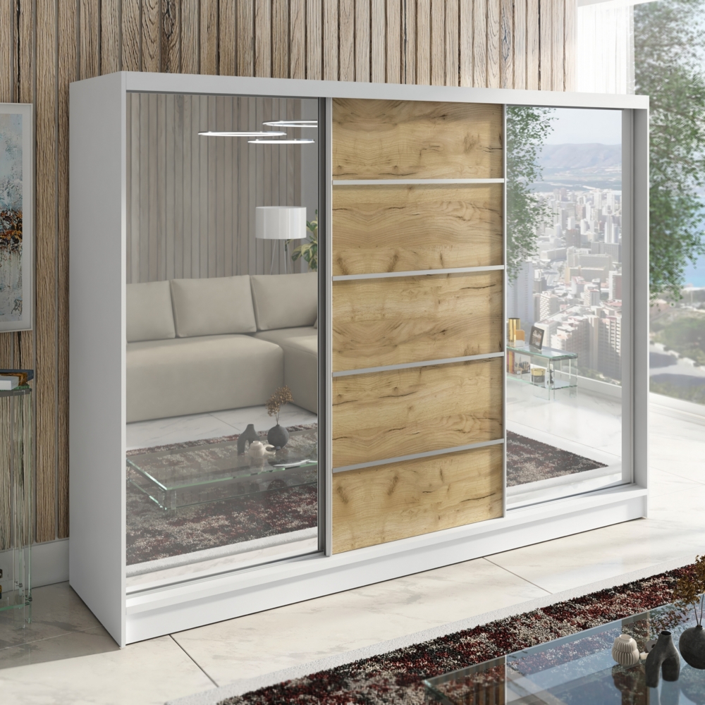 A&J MöbelLand Schwebetürenschrank TOP, 3-türig Schrank 200 cm mit Schubladen und Spiegel Bild 1