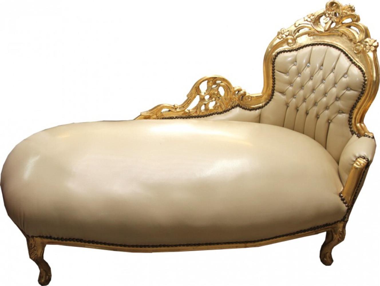 Casa Padrino Barock Chaiselongue Creme/Gold Lederoptik mit Bling Bling Glitzersteinen - Recamiere Liege Lounge Bild 1