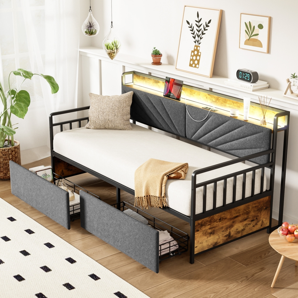 Merax Eisenbettsofa 90*200 cm, mit LED-Beleuchtung und Ablagen, mit Schubladen und Multifunktionssteckdosen, Eiseneinzelbett, Jugendbett, Schwarz Bild 1
