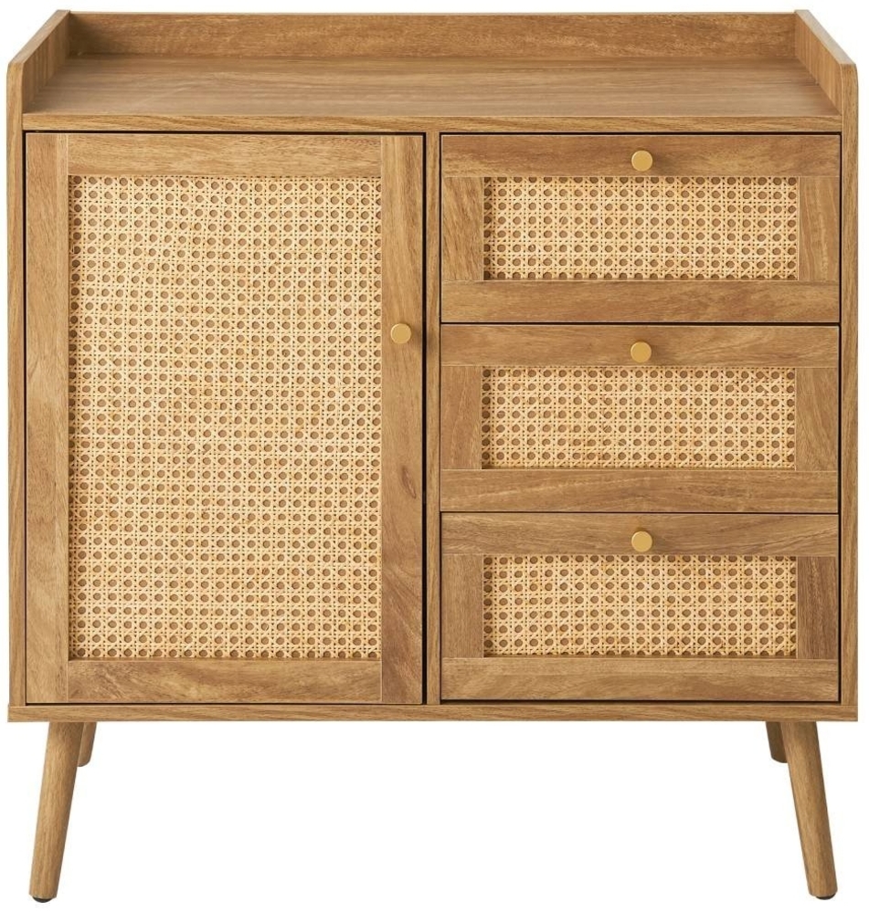 Calicosy 'ALIA' Kommode mit 1 Tür und 3 Schubladen, Rattanfronten und Holzfüßen, L80 cm - Helles Holz Bild 1