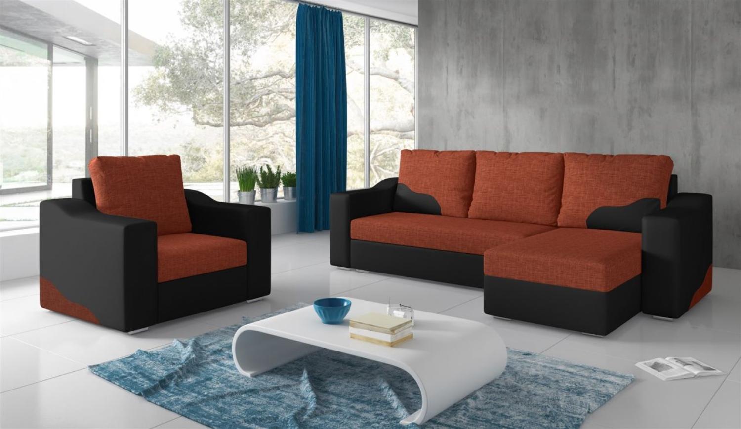 Ecksofa Set COLLIN Ottomane Rechts + Sessel Schwarz / Dunkelorange Bild 1